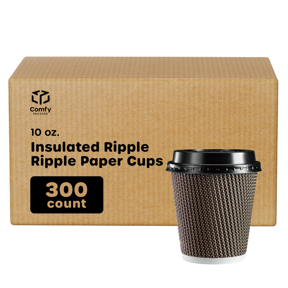 [Case of 300] 10 oz. Insulated Brown Patterned Ripple Paper Hot Coffee Cups With Lids