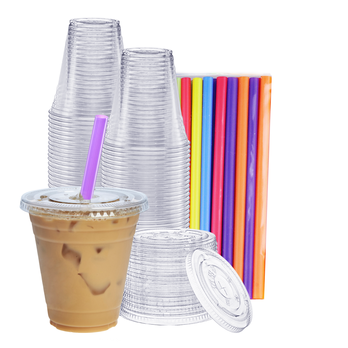 12 oz. Crystal Clear Plastic Cups With Flat Lids & Colored Straws - Disposable Clear Drinking Cups For Iced Coffee, Cold Drinks, Milkshakes, and Smoothies