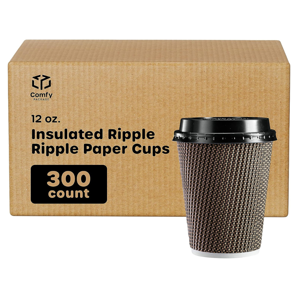 [Case of 300] 12 oz. Insulated Brown Patterned Ripple Paper Hot Coffee Cups With Lids