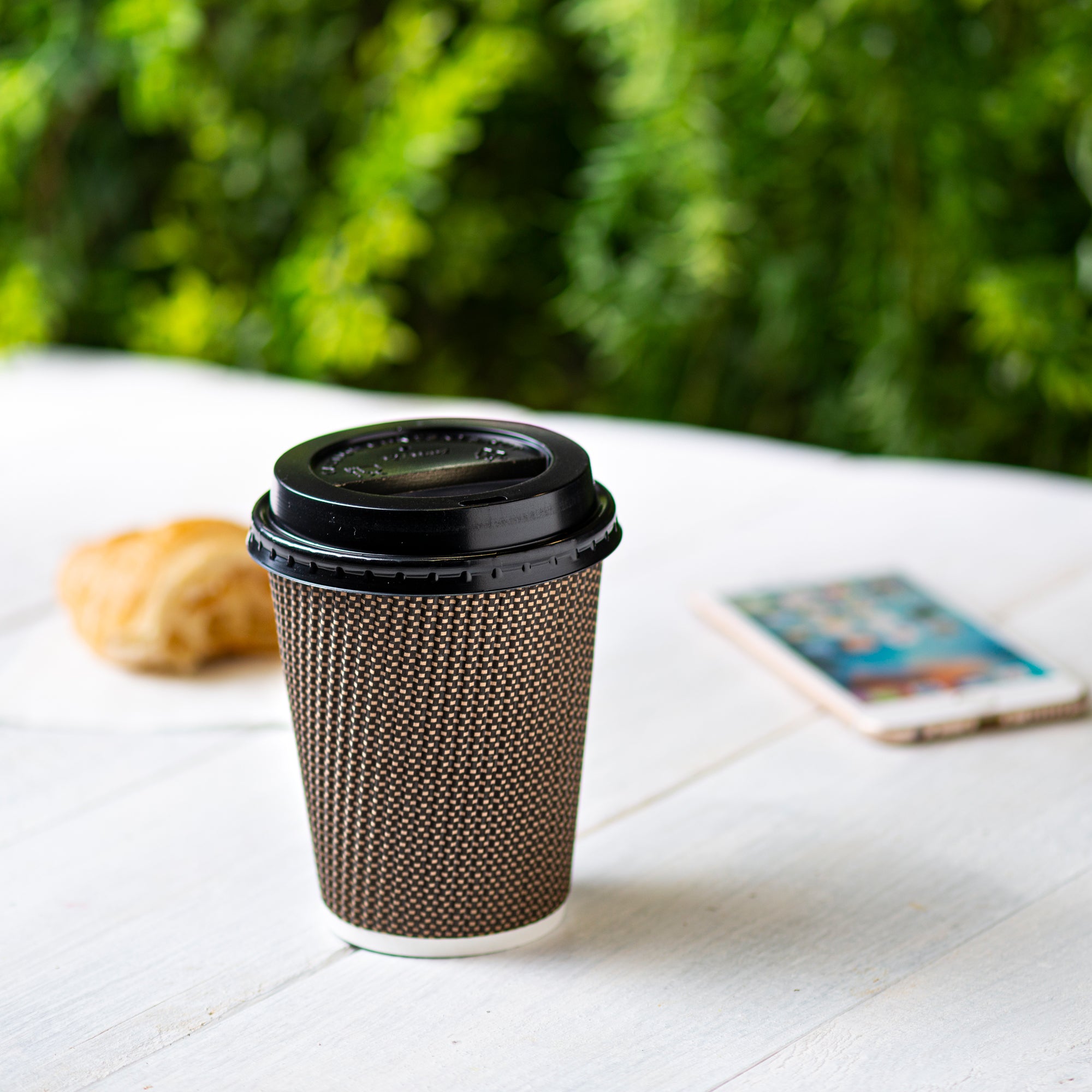 [12 oz.] Insulated Brown Patterned Ripple Paper Hot Coffee Cups With Lids