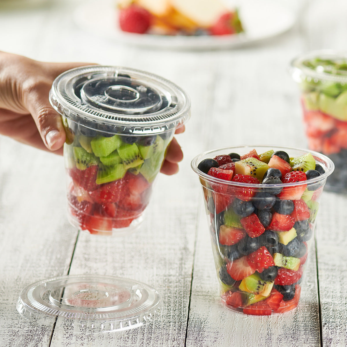 [50 Sets] 12 oz. Clear Plastic Cups With No Hole Flat Lids