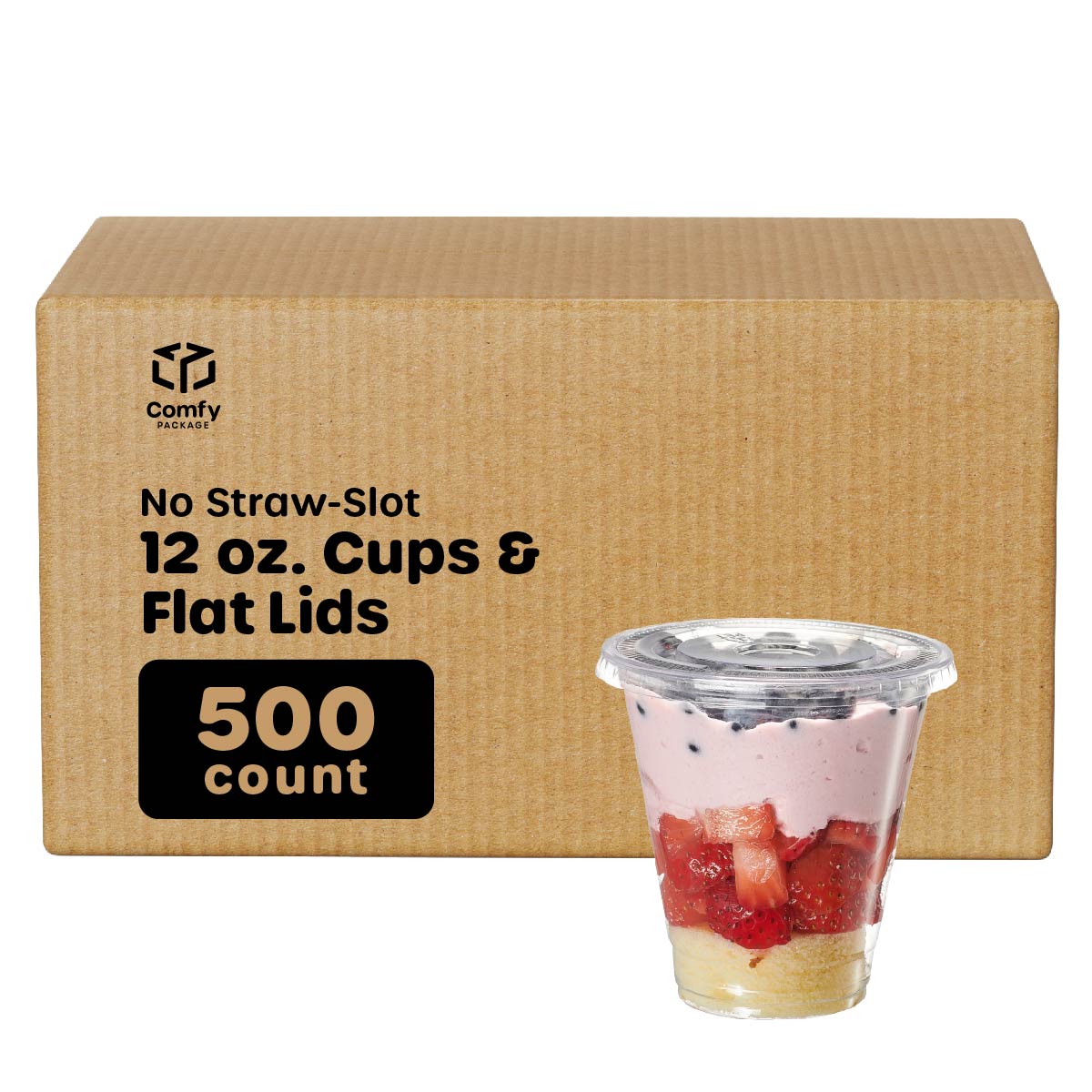 [50 Sets] 12 oz. Clear Plastic Cups With No Hole Flat Lids