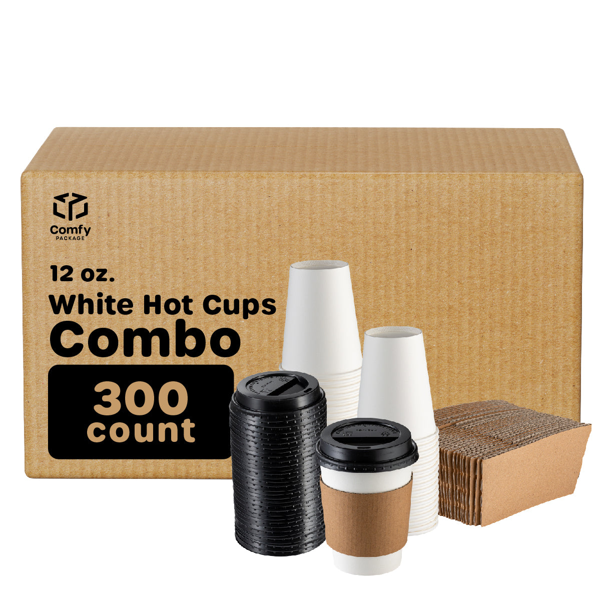 [Case of 300] 12 oz. Disposable Coffee Cups with Lids, Sleeves, Stirrers - To Go Paper Hot Cups