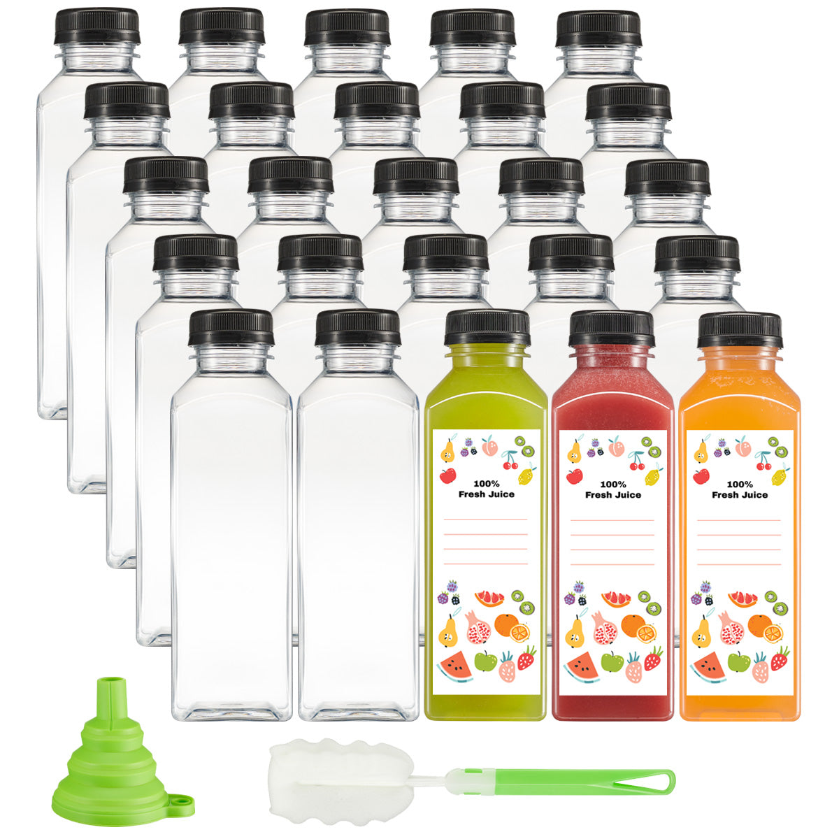 16 oz. Reusable Plastic Juice Bottles With Caps, Labels, Brush, and Silicone Funnel - Comfy Package