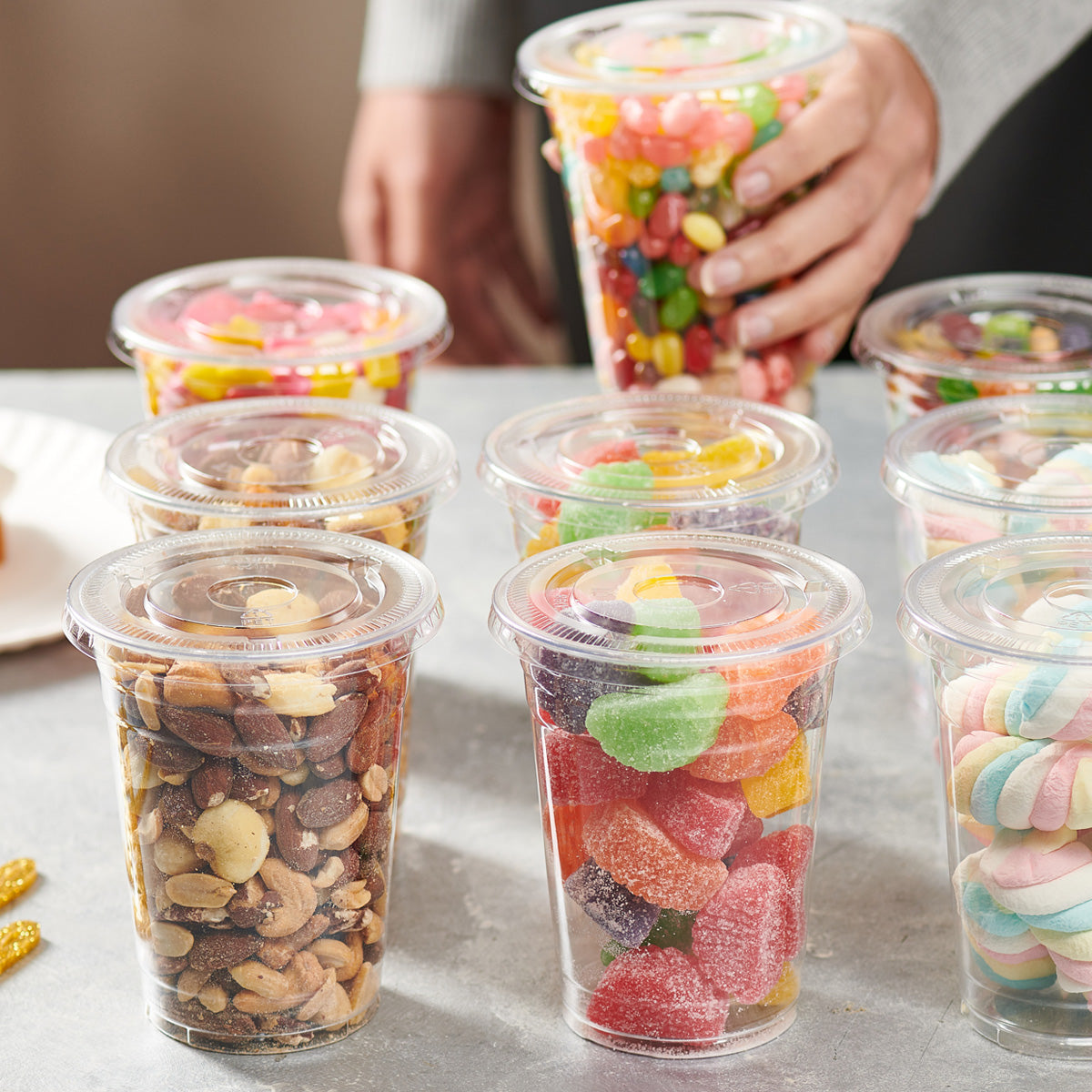 [50 Sets] 16 oz. Clear Plastic Cups With No Hole Flat Lids