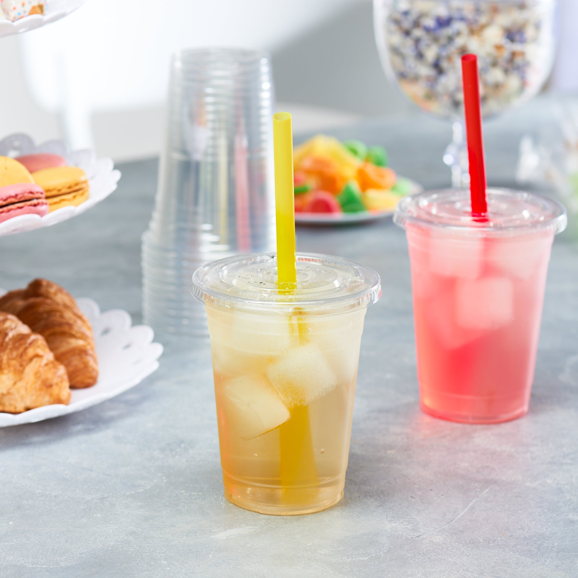 16 oz. Crystal Clear Plastic Cups With Flat Lids & Colored Straws - Comfy Package
