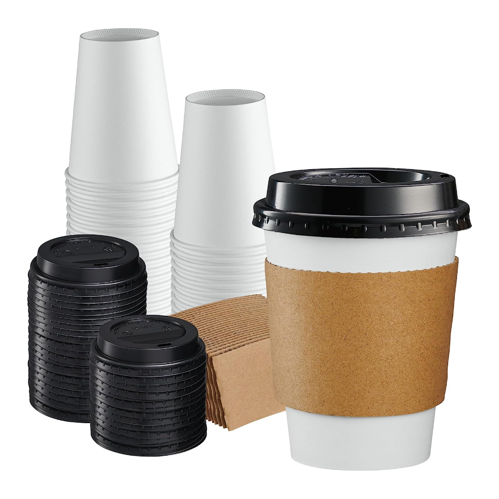 12 oz. Disposable Coffee Cups with Lids, Sleeves, Stirrers - To Go Paper Hot Cups