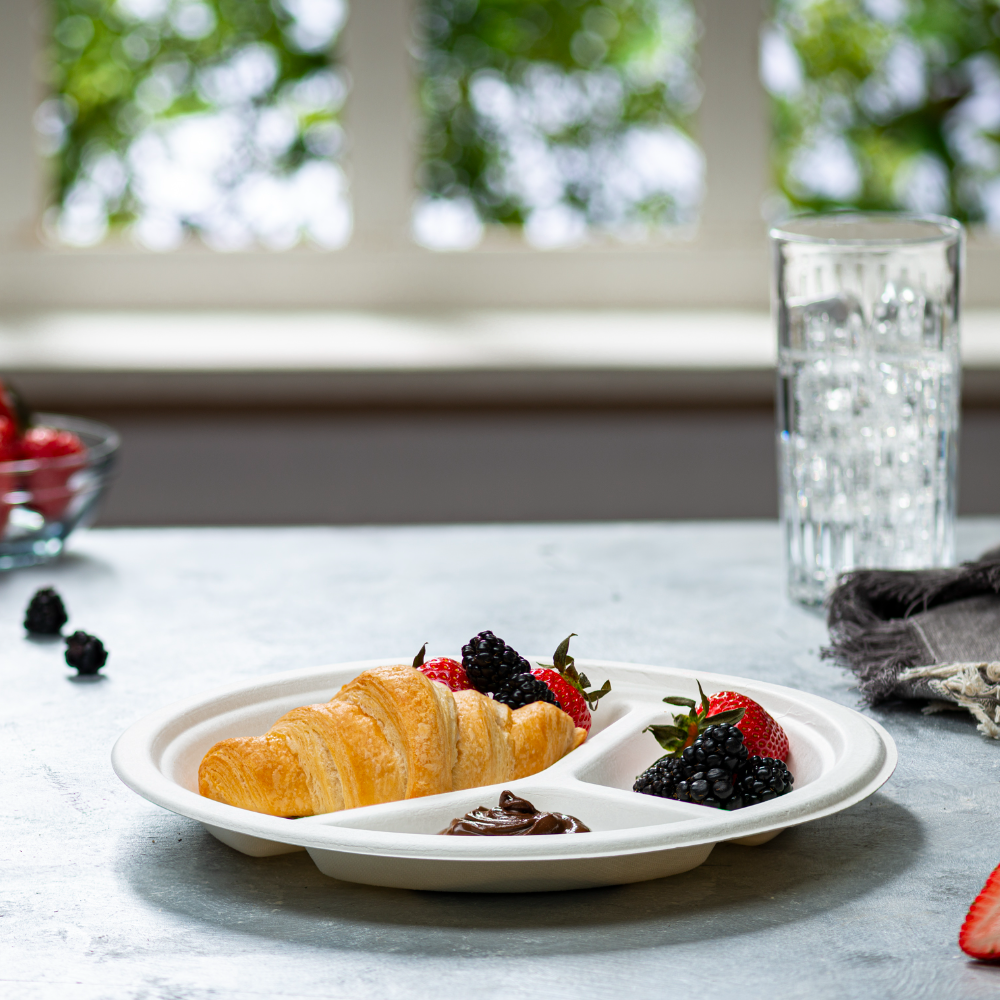 9 Inch Heavy-Duty Plates 3 Compartment 100% Compostable Eco-Friendly Disposable Sugarcane Paper Plates - Comfy Package