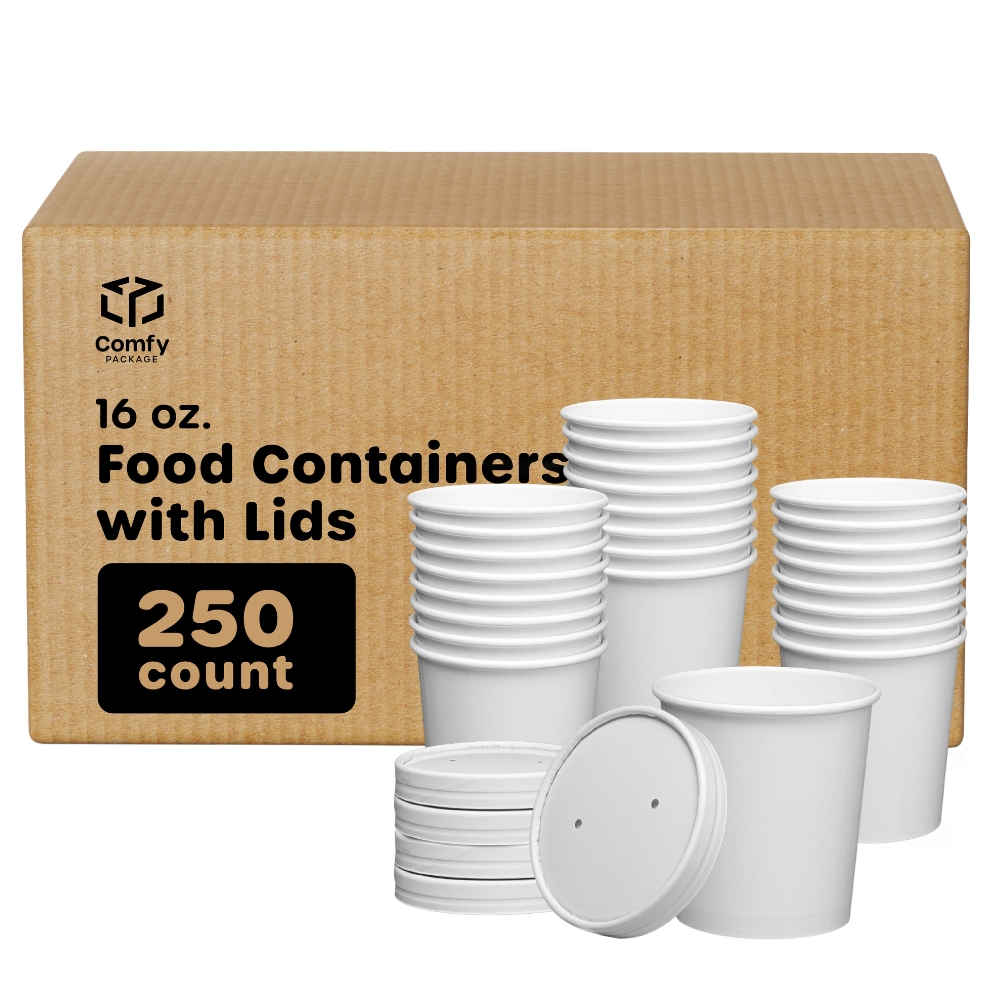 [Case of 250] 16 oz. Paper Food Containers With Vented Lids, To Go Hot Soup Bowls, Disposable Ice Cream Cups, White