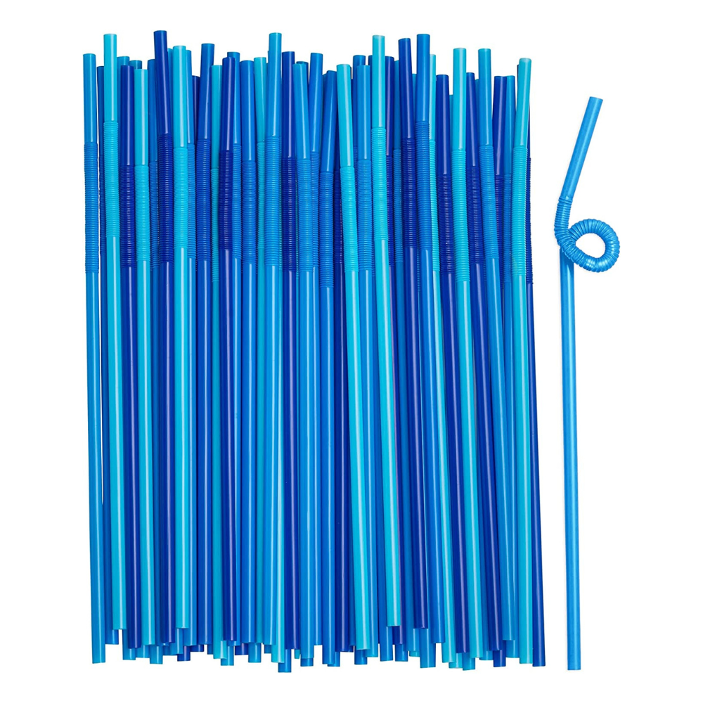 Long Flexible Disposable Plastic Drinking Straws - 10.02" High - Blue