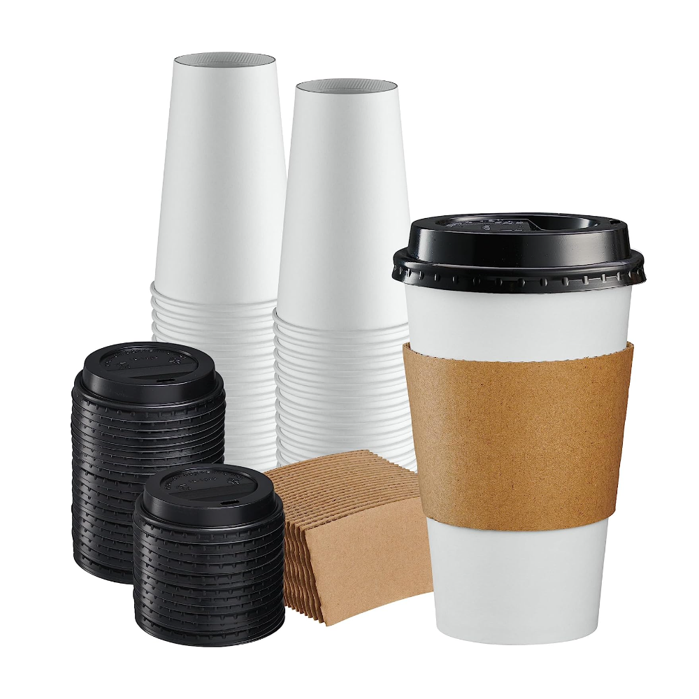 16 oz. Disposable Coffee Cups with Lids, Sleeves, Stirrers - To Go Paper Hot Cups