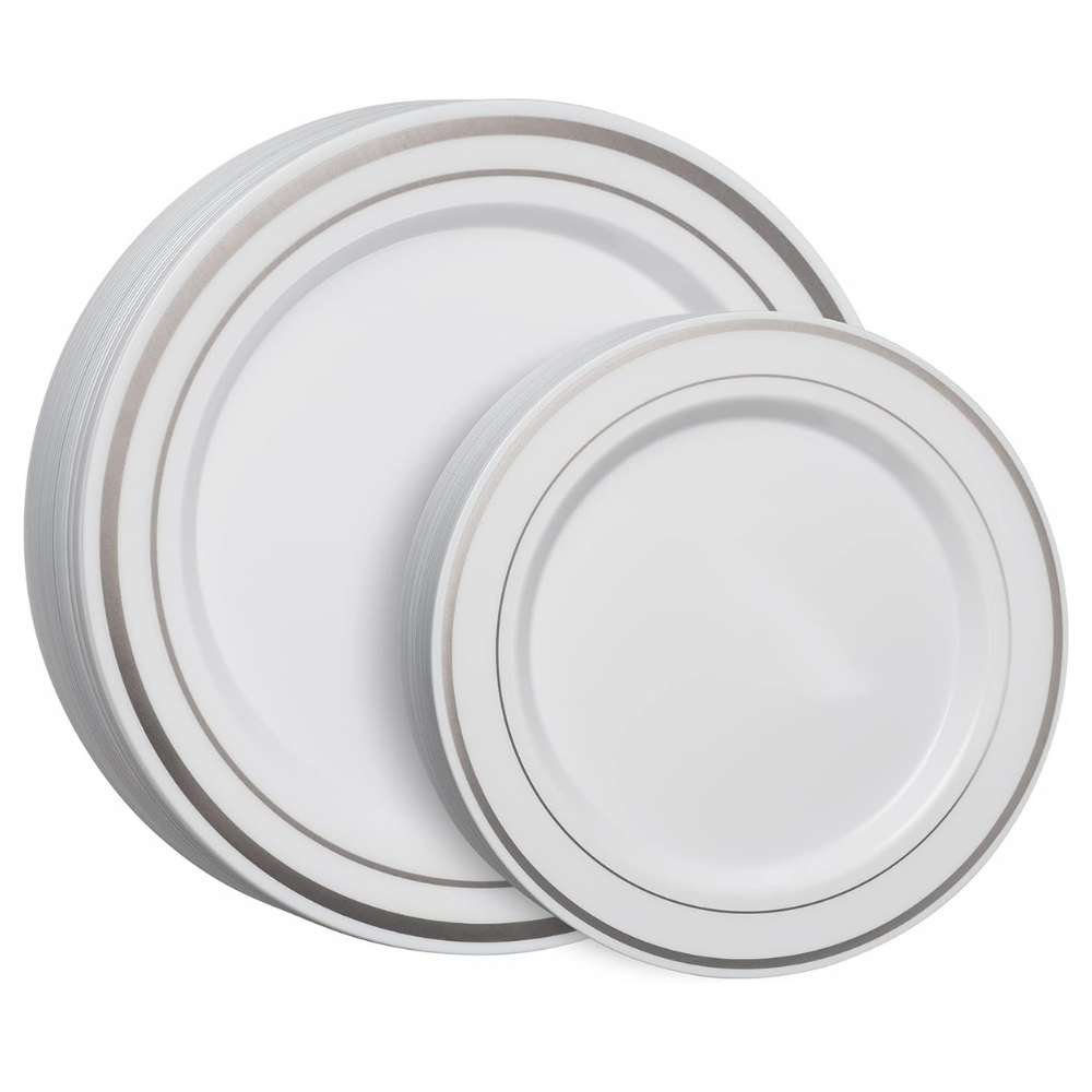 [Case of 240] Combo Silver Trim Plastic Plates - Premium Heavy-Duty Disposable 10.25" Dinner Party Plates and Disposable 7.5" Salad Plates