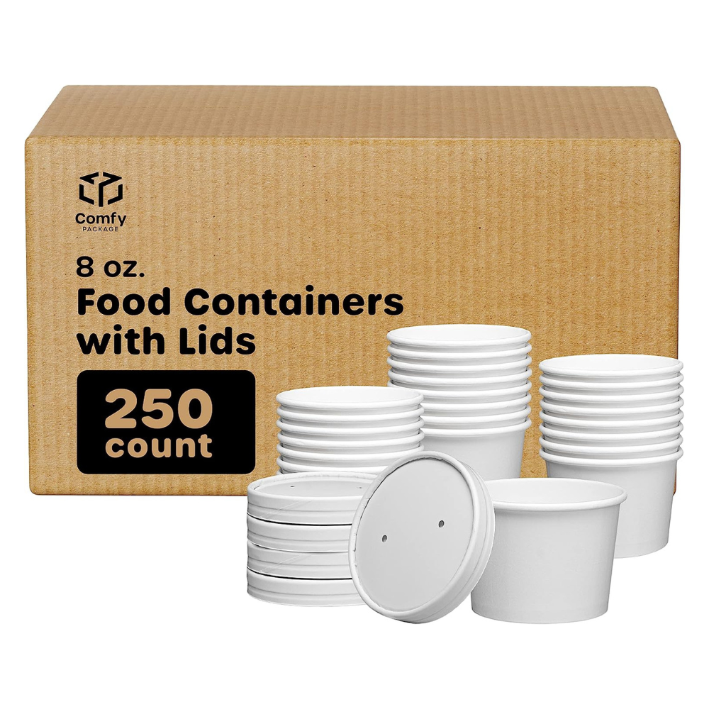 [Case of 250] 8 oz. Paper Food Containers With Vented Lids, To Go Hot Soup Bowls, Disposable Ice Cream Cups, White