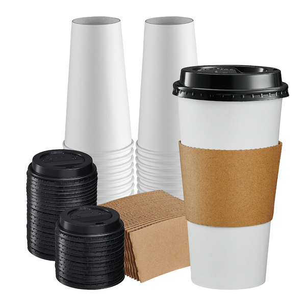 Comfy Package [50 Sets - 20 oz.] Disposable Coffee Cups with Lids, Sleeves, Stirrers - To Go Paper Hot Cups