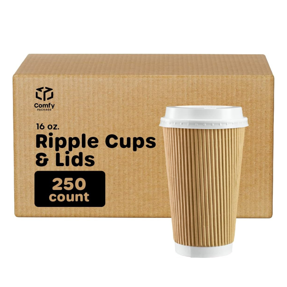 [Case of 250] 16 oz. Insulated Ripple Paper Hot Coffee Cups With Lids & Stirrers