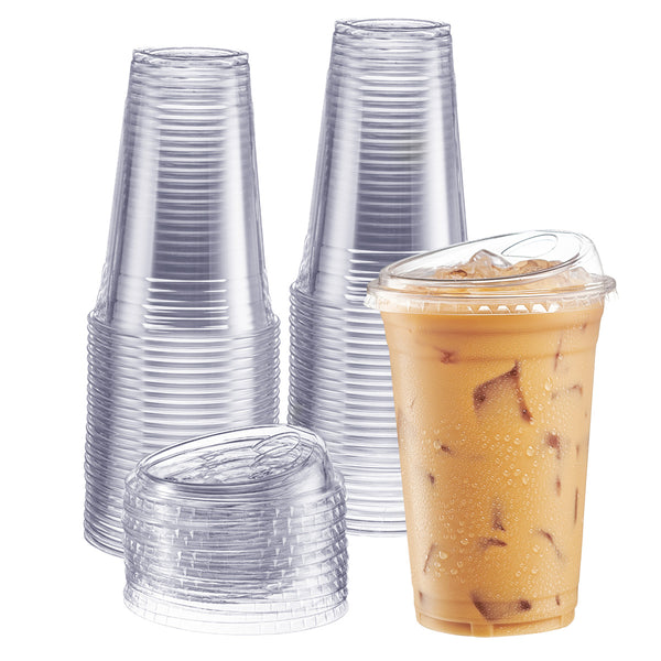 Gusto 20 oz Crystal Clear Plastic Cups with Strawless Sip Lids, Disposable Drinking Cups for Iced Coffee, 100 Count