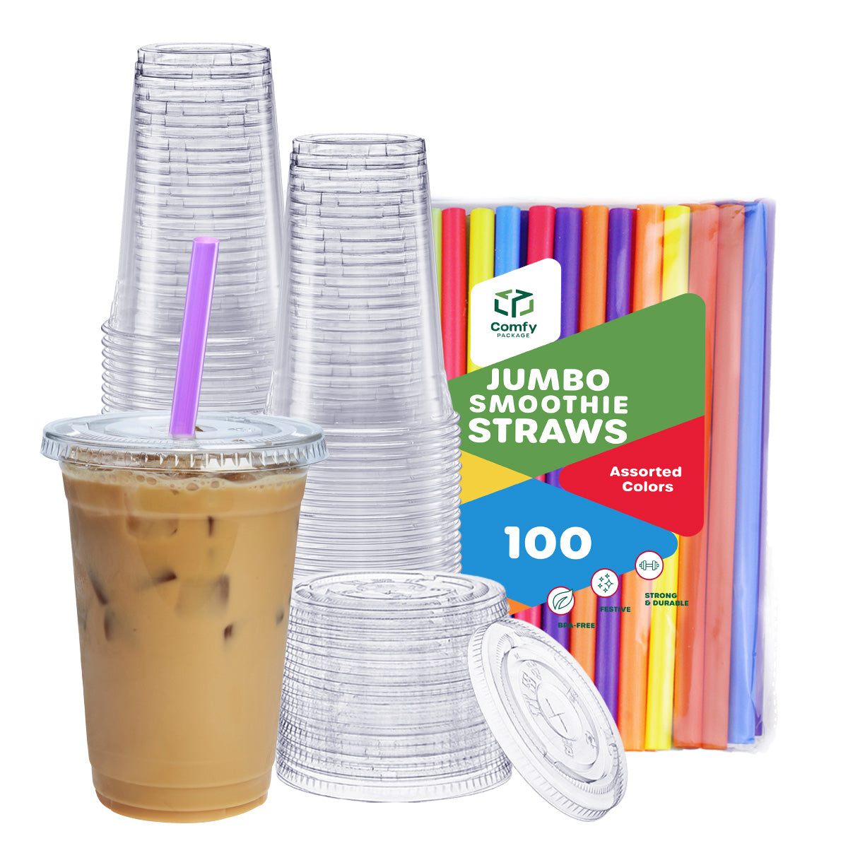 20 oz. Crystal Clear Plastic Cups With Flat Lids & Colored Straws - Disposable Clear Drinking Cups For Iced Coffee, Cold Drinks, Milkshakes, and Smoothies