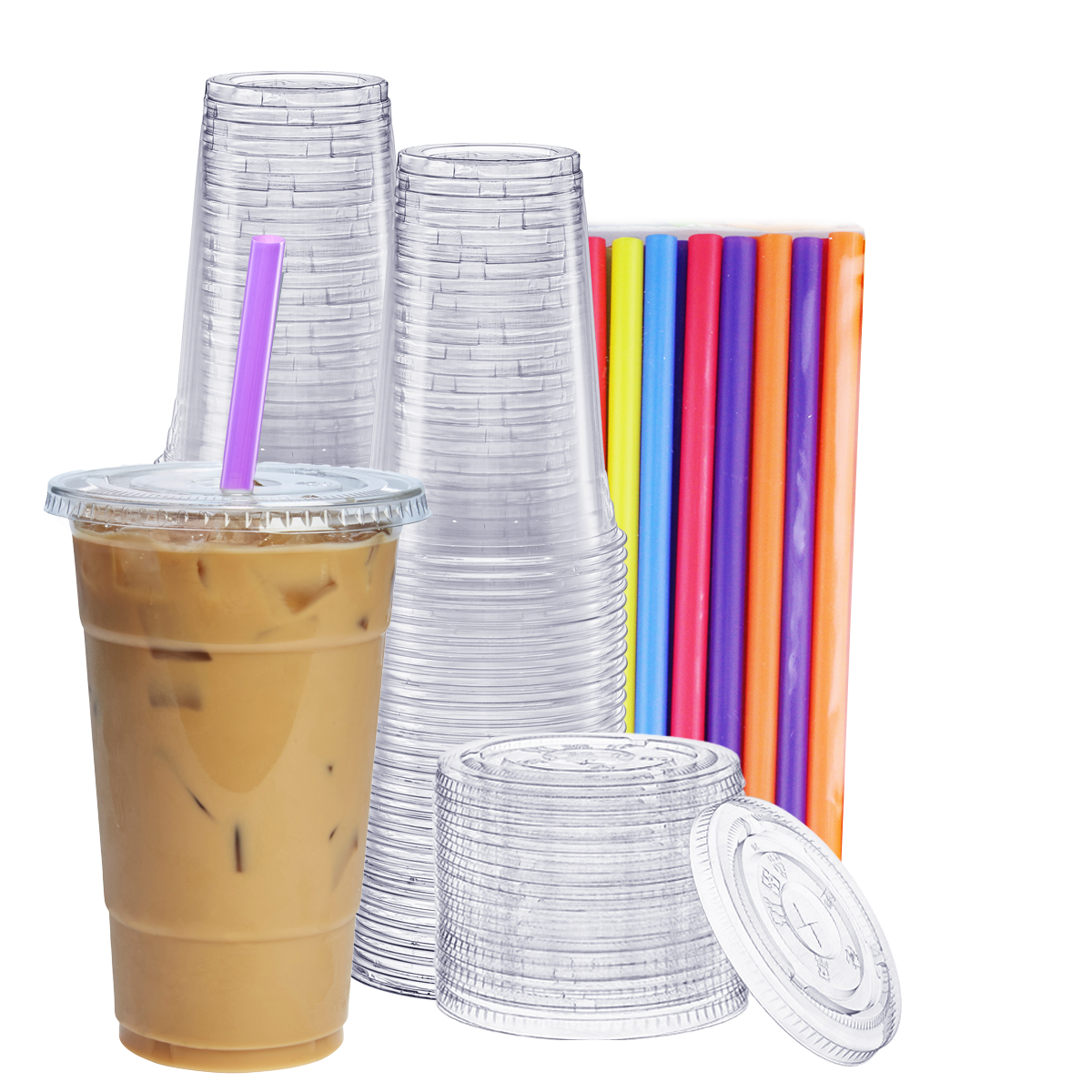 24 oz. Crystal Clear Plastic Cups With Flat Lids & Colored Straws - Disposable Clear Drinking Cups For Iced Coffee, Cold Drinks, Milkshakes, and Smoothies