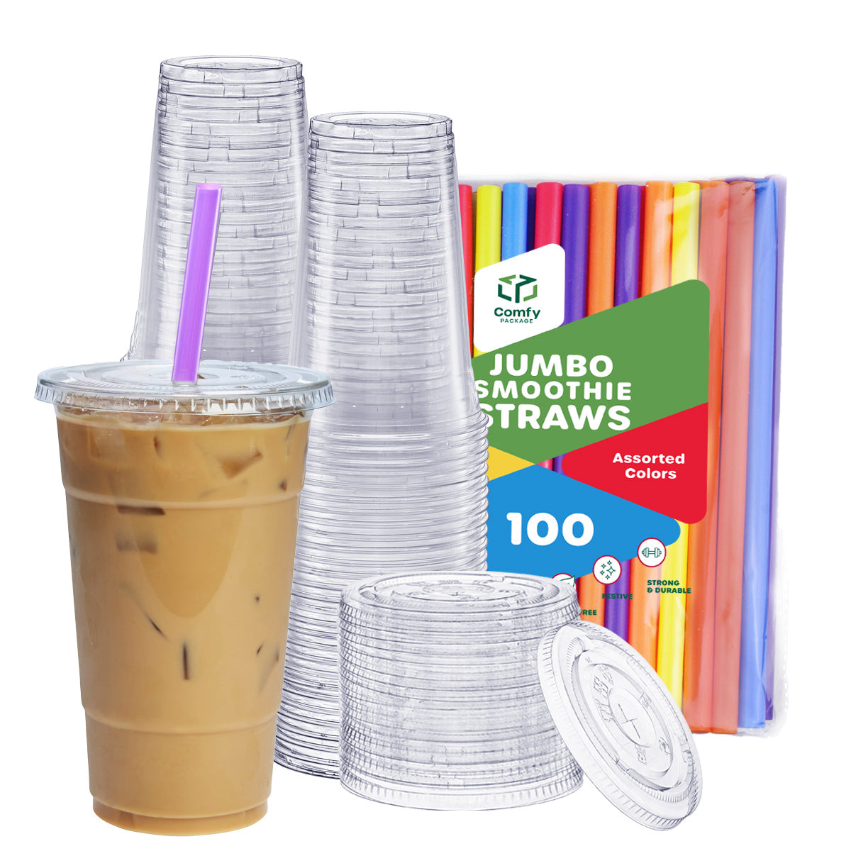 24 oz. Crystal Clear Plastic Cups With Flat Lids & Colored Straws - Disposable Clear Drinking Cups For Iced Coffee, Cold Drinks, Milkshakes, and Smoothies