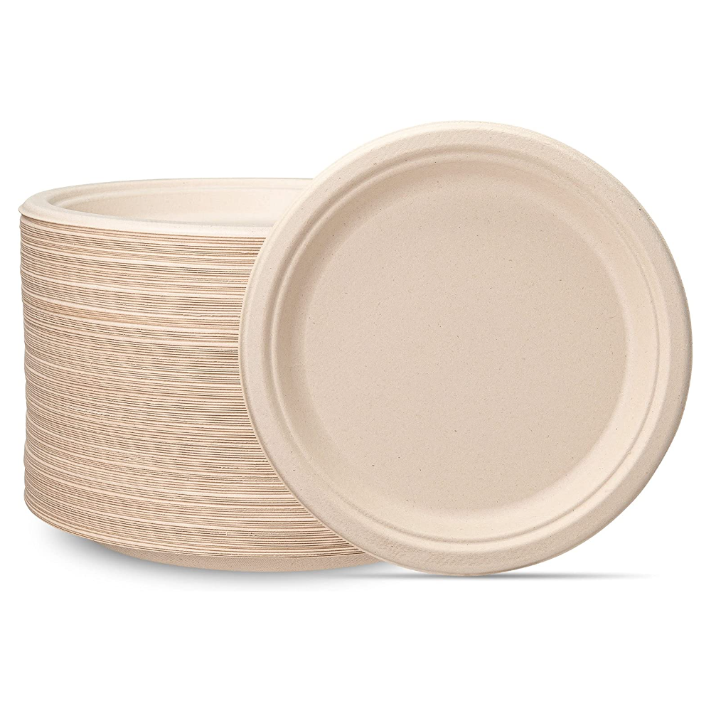 100% Compostable 9 Inch Heavy-Duty Plates Eco-Friendly Disposable Sugarcane Paper Plates - Brown Unbleached