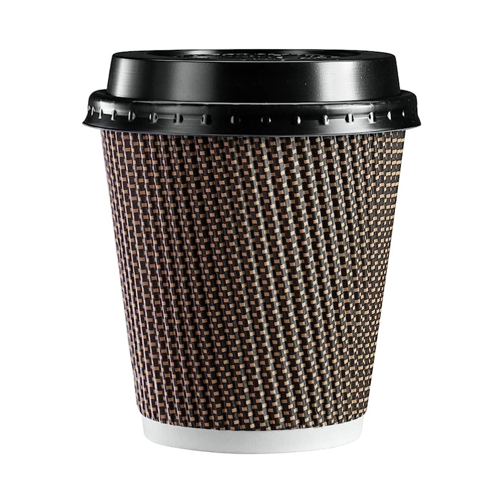 [ 10 oz.] Insulated Brown Patterned Ripple Paper Hot Coffee Cups With Lids