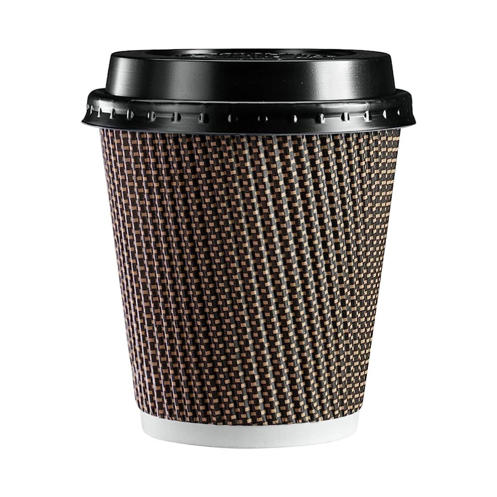 10 oz. Insulated Brown Patterned Ripple Paper Hot Coffee Cups With Lids - Comfy Package