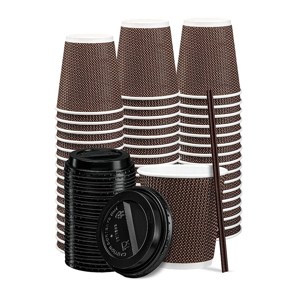 10 oz. Insulated Brown Patterned Ripple Paper Hot Coffee Cups With Lids - Comfy Package