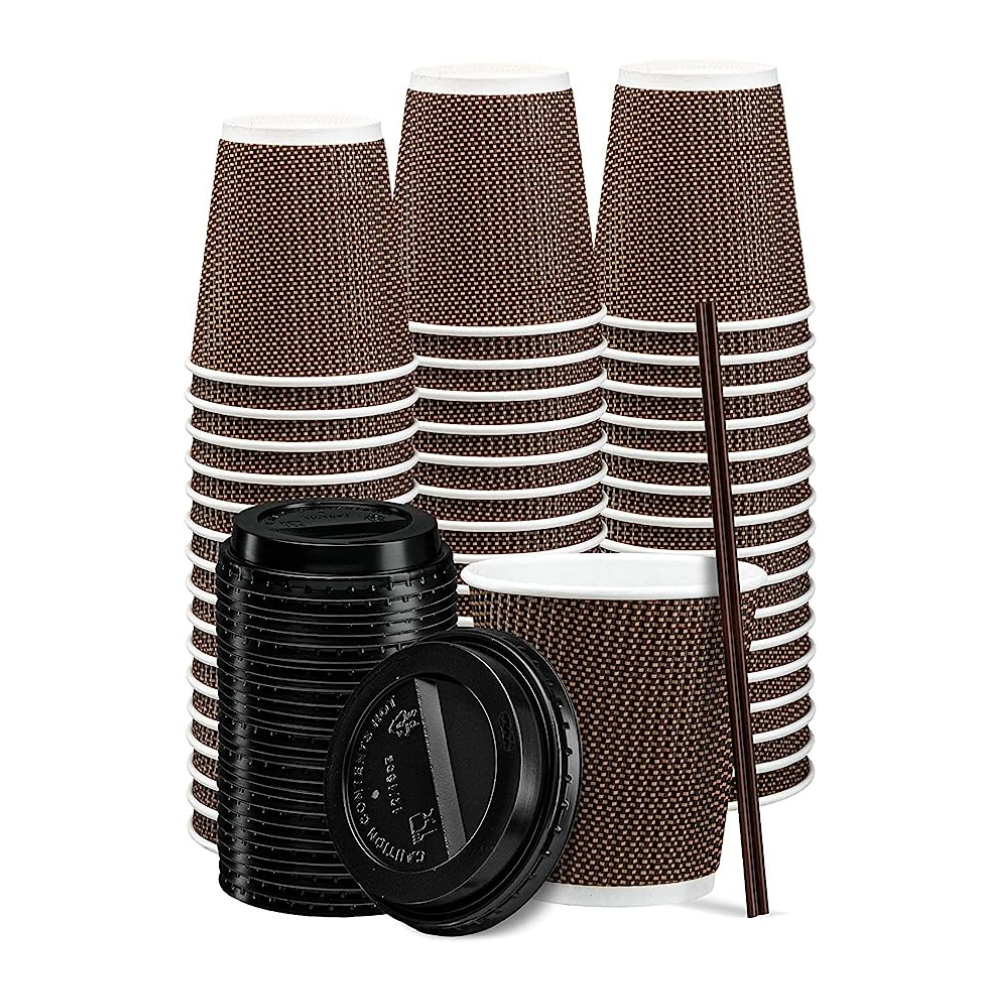 [ 10 oz.] Insulated Brown Patterned Ripple Paper Hot Coffee Cups With Lids