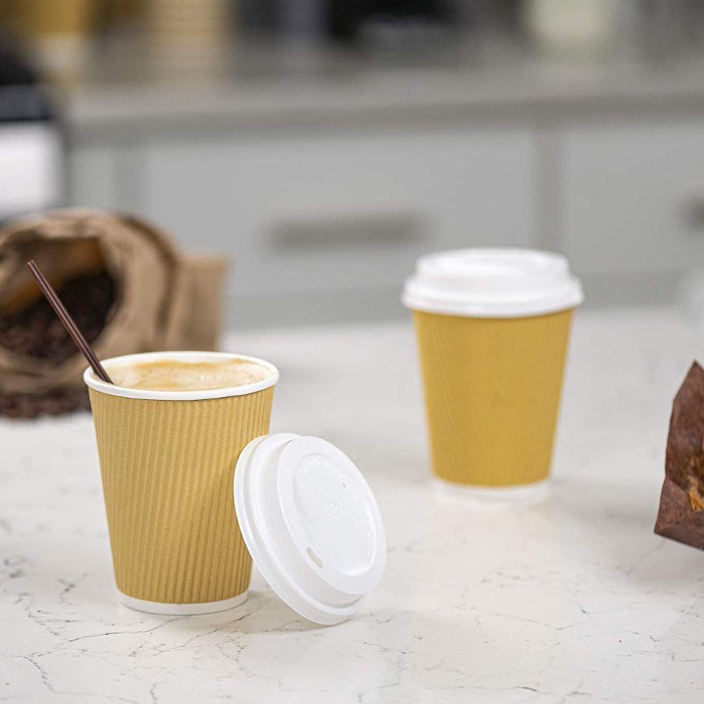 12 oz Insulated Ripple Paper Hot Coffee Cups With Lids & Stirrers - Comfy Package