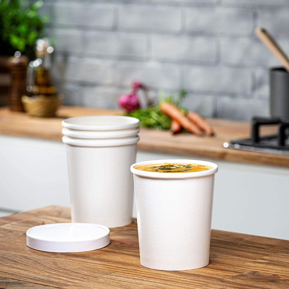 32 oz. Paper Food Containers With Vented Lids To Go Hot Soup Bowls White - Comfy Package