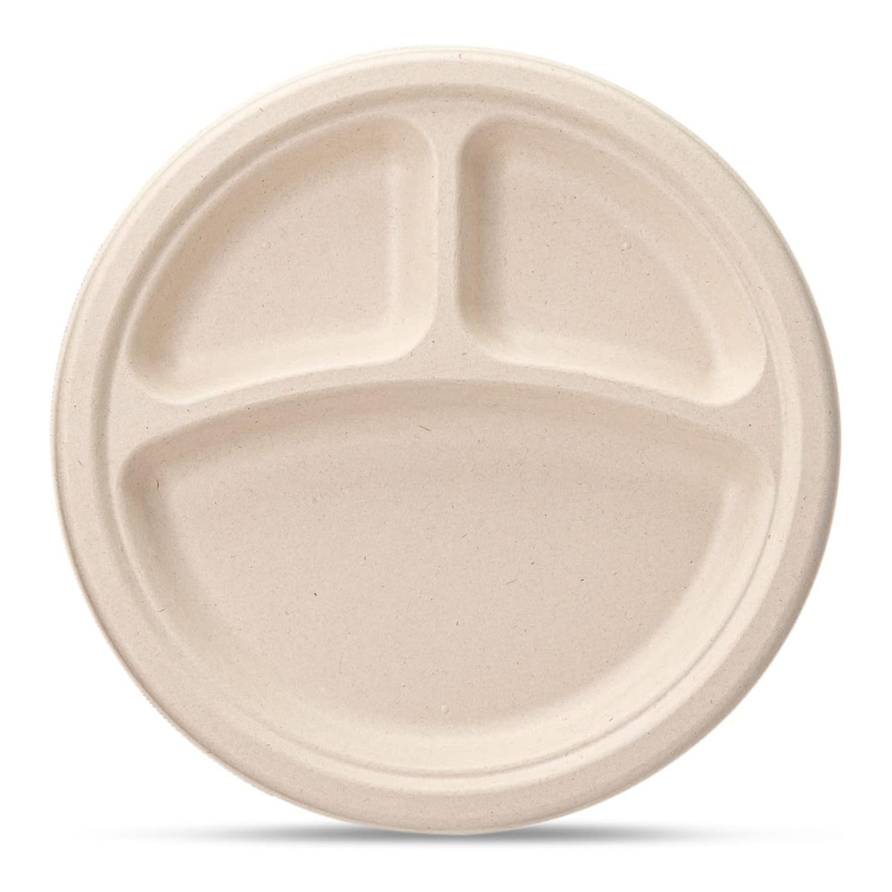 [Case of 500]  100% Compostable 9 Inch Heavy-Duty Plates 3 Compartment Eco-Friendly Disposable Sugarcane Paper Plates- Brown Unbleached