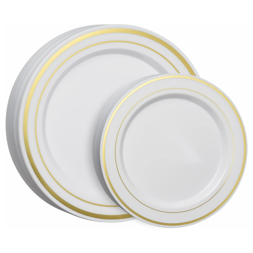 [Case of 240] Combo Gold Trim Plastic Plates - Premium Heavy-Duty Disposable 10.25" Dinner Party Plates and Disposable 7.5" Salad Plates