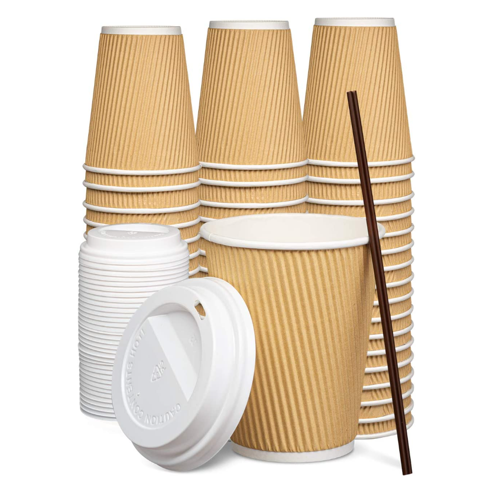 [Case of] 12 oz Insulated Ripple Paper Hot Coffee Cups With Lids & Stirrers