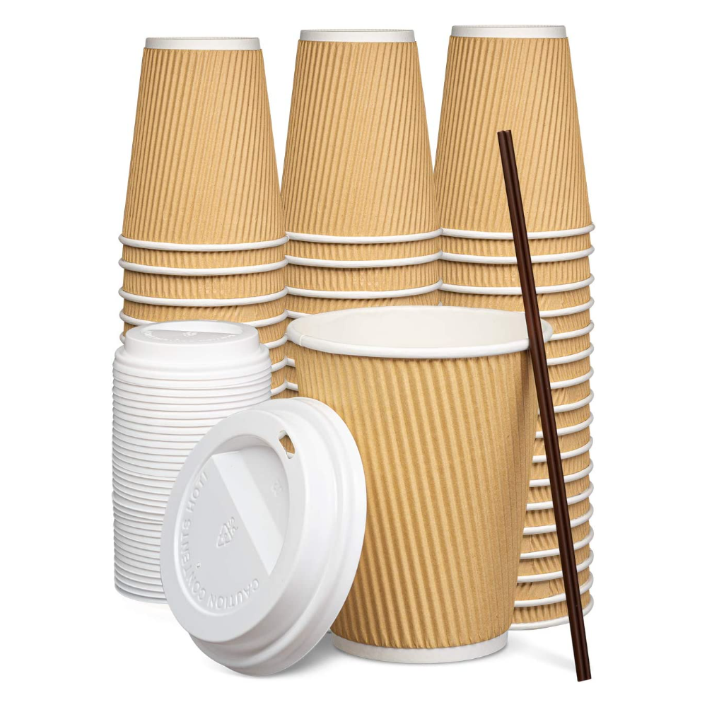 12 oz Insulated Ripple Paper Hot Coffee Cups With Lids & Stirrers - Comfy Package