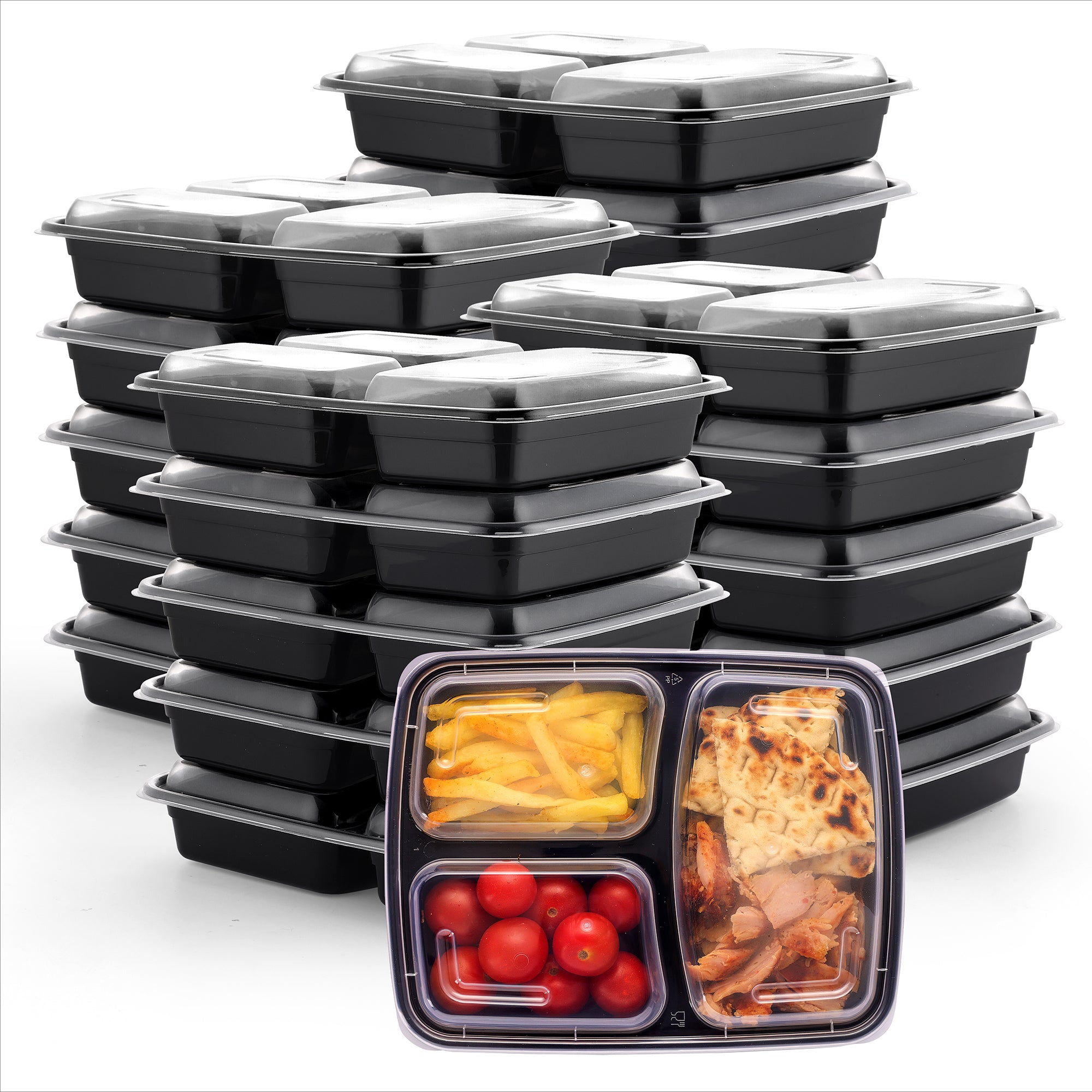 32 oz - 3 Compartment Reusable Meal Prep Containers - Microwaveable, Dishwasher and Freezer Safe, BPA-Free, Bento Boxes and Convenience Food Storage with Lids, Stackable