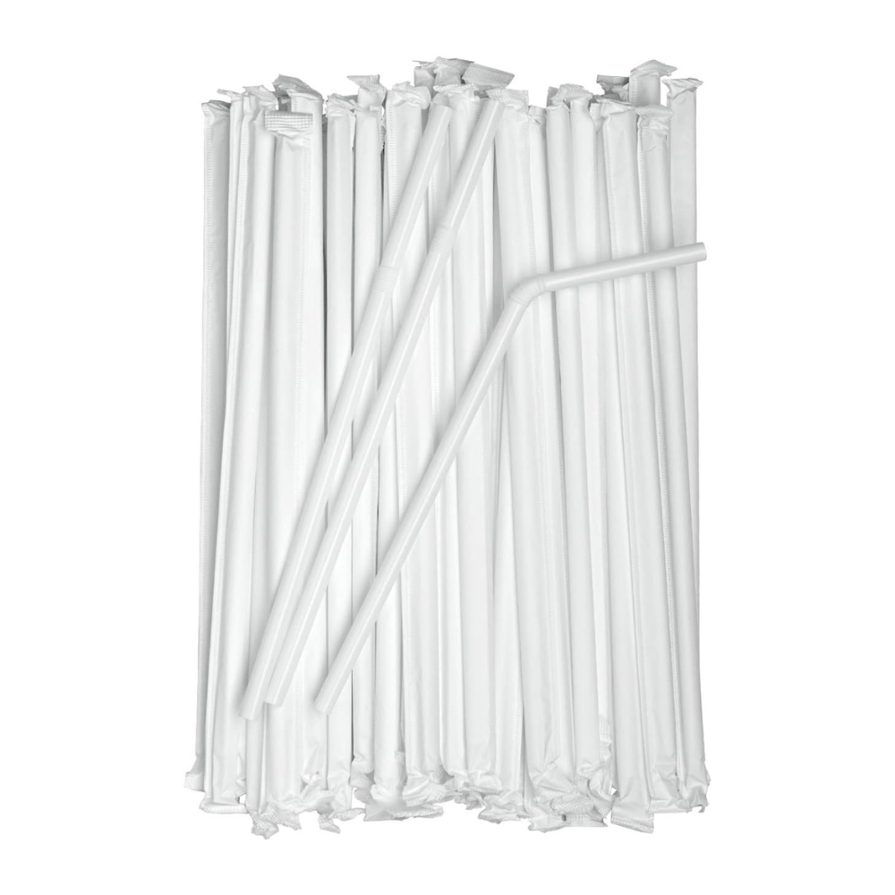 [Case of 9120] - Individually Wrapped 7.75 Inch White Plastic Flexible Straws