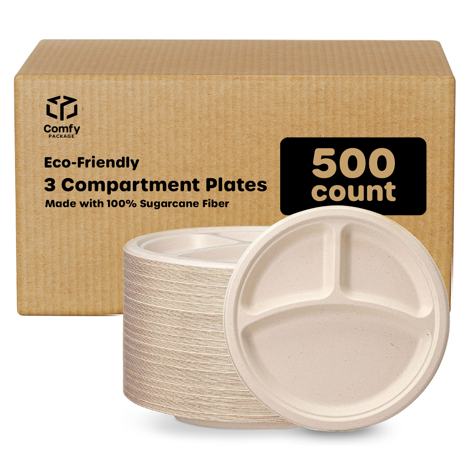 [Case of 500] 100% Compostable 10 Inch Heavy-Duty Plates 3 Compartment Eco-Friendly Disposable Sugarcane Paper Plates- Brown Unbleached