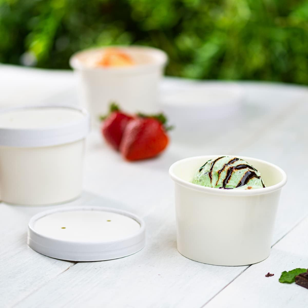 [Case of 250] 8 oz. Paper Food Containers With Vented Lids, To Go Hot Soup Bowls, Disposable Ice Cream Cups, White