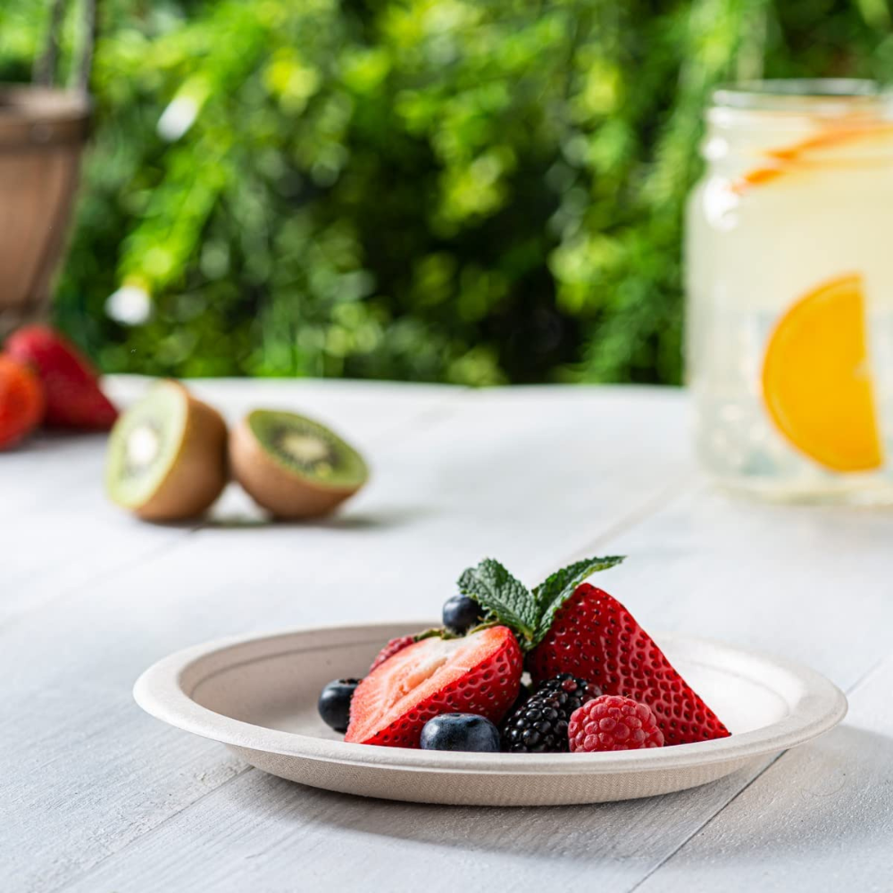 7 Inch Heavy-Duty Plate Eco-Friendly 100% Compostable Disposable Sugarcane Paper Plates - Brown Unbleached - Comfy Package