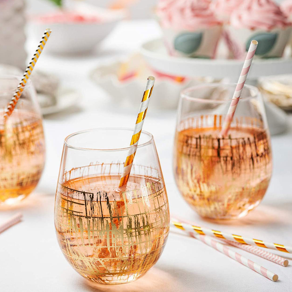 Pink & Gold Paper Drinking Straws 100% Biodegradable Multi-Pattern Party Straws