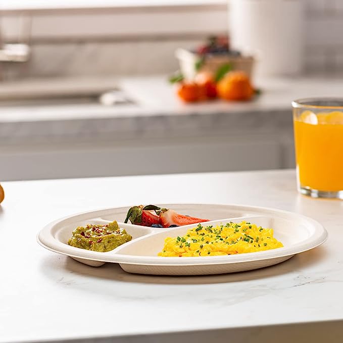 10 Inch Heavy-Duty Plates 3 Compartment Eco-Friendly 100% Compostable Disposable Sugarcane Paper Plates- Brown Unbleached - Comfy Package