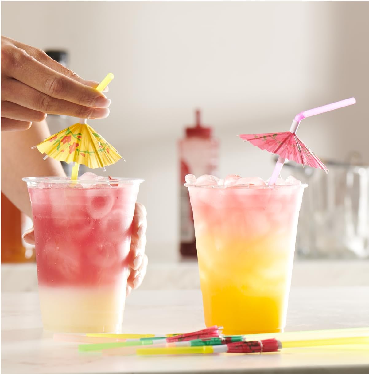 [Case of 1200] Umbrella Cocktail Flexible Straws - Assorted Colors Plastic Straws - Fancy Mini Paper Umbrella Drinking Straws for Cocktails, Milkshakes, Juice