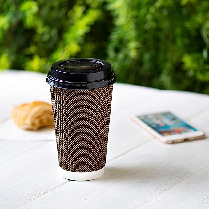 [16 oz.] Insulated Brown Patterned Ripple Paper Hot Coffee Cups With Lids