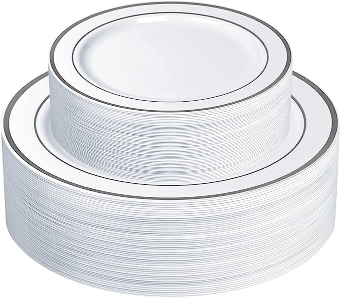 Combo Silver Trim Plastic Plates - Premium Heavy-Duty Disposable 10.25" Dinner Party Plates and Disposable 7.5" Salad Plates