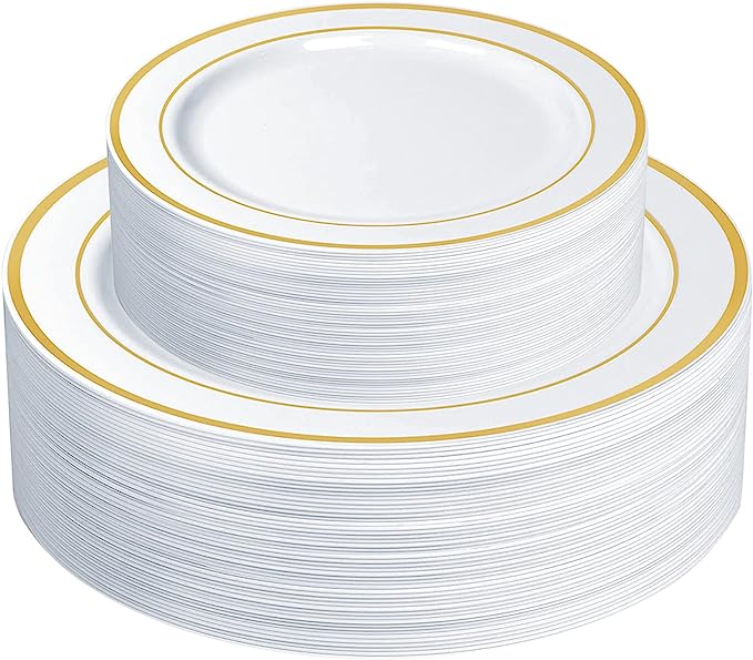 Combo Gold Trim Plastic Plates - Premium Heavy-Duty Disposable 10.25" Dinner Party Plates and Disposable 7.5" Salad Plates