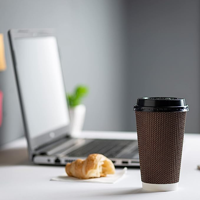 [16 oz.] Insulated Brown Patterned Ripple Paper Hot Coffee Cups With Lids