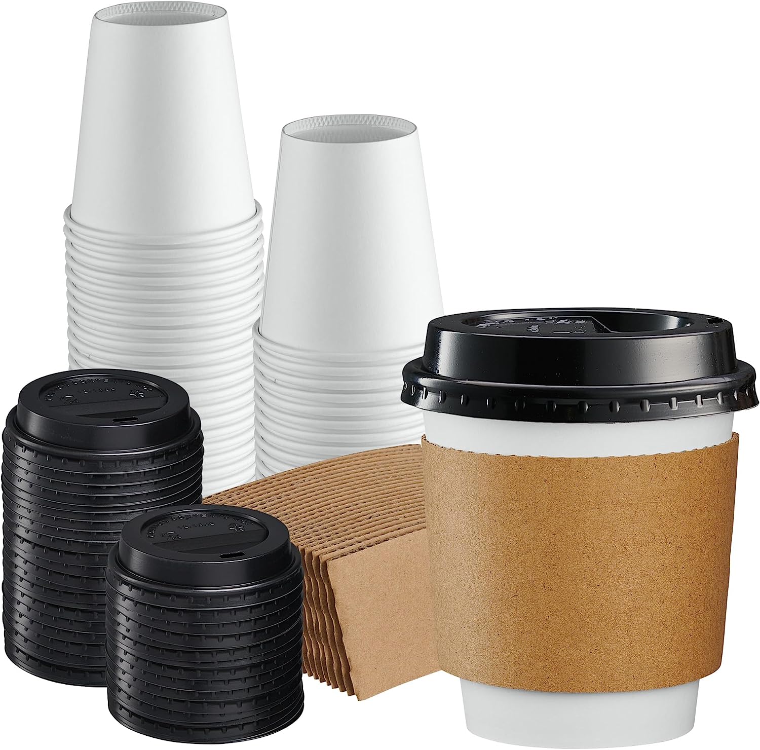 10 oz. Disposable Coffee Cups with Lids, Sleeves, Stirrers - To Go Paper Hot Cups - Comfy Package