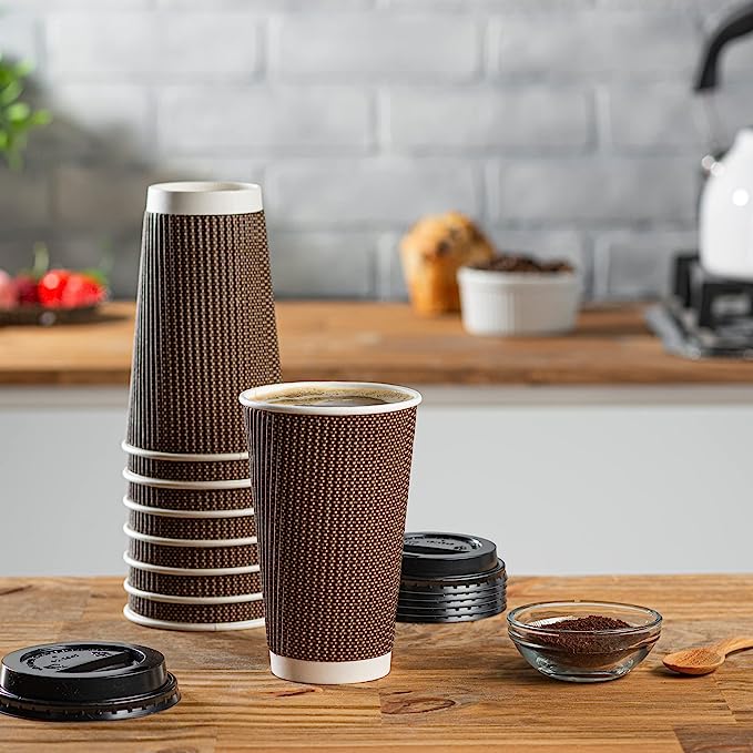 16 oz. Insulated Brown Patterned Ripple Paper Hot Coffee Cups with Lids - Comfy Package