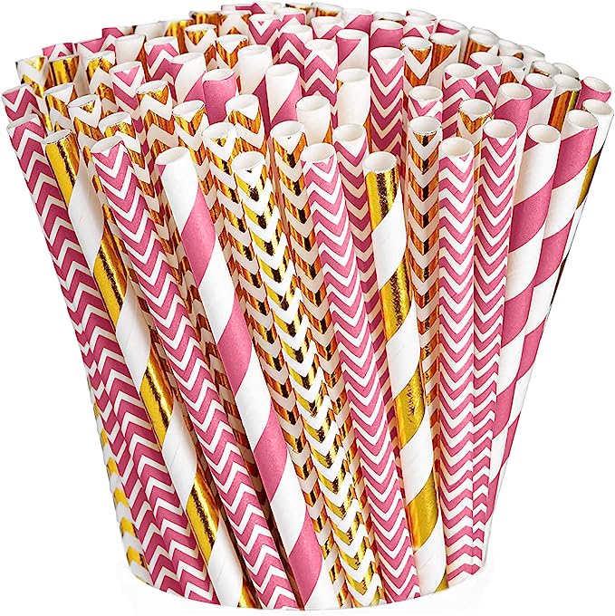 Pink & Rose Gold Paper Drinking Straws 100% Biodegradable Multi-Pattern Party Straws