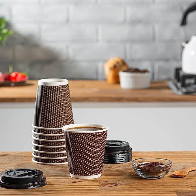 10 oz. Insulated Brown Patterned Ripple Paper Hot Coffee Cups With Lids - Comfy Package